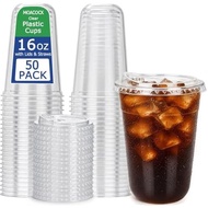MOACOCK 50 Pack Round Bottom Clear Plastic Cups with Sip Lids, 16 oz Disposable Iced Coffee Cups wit