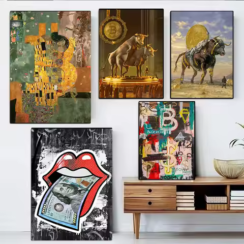 Crypto Fiat Nft Bitcoin Kiss Klimt Graffiti Art Golden Bull Halving Ceremony ALPHA Poster and Print 