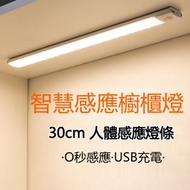 A8-【30cm】LED智能人體感應燈 磁吸衣櫃感應燈 可調節光度 附磁貼USB充電式  過道長條衣櫃燈廚房櫥櫃燈小夜燈 強力吸附 人體感應燈條 智慧led燈 三色變光 長型- 白色