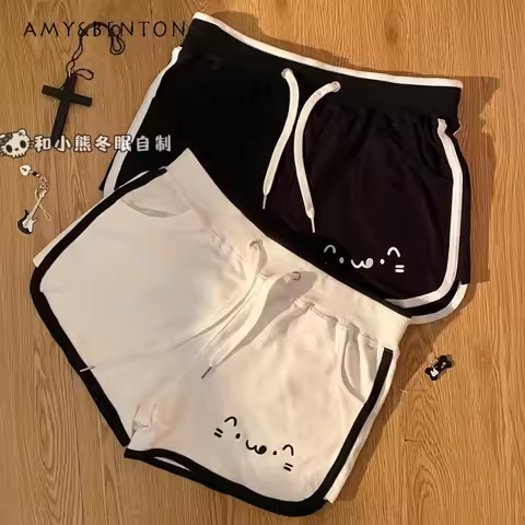 Two-dimensional Japanese Cartoon Printed Casual Shorts Cat Cute Versatile Kaomoji Elastic Waist Spor