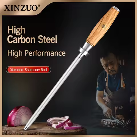XINZUO Professional Chef Knife Sharpener Rod High Carbon Steel Diamond Sharpening Stick with Olive W