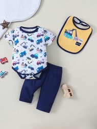 嬰兒男寶寶酷炫工程車紋印花休閒三件套,含長袖t恤、圍兜和短褲,適用於家庭穿著