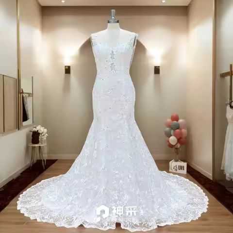 Hire Lnyer Sweetheart Neck See Through Back Pearls Crystal Elegant Lace Mermaid Wedding Dress Vestid