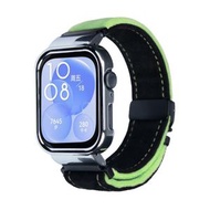 全城熱賣 - 適用於華為 Watch Fit3 磨毛絨金屬銀框錶帶（黑草綠）