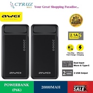 AWEI Powerbank P6K 20000mAh 2.1A Type-C Micro USB Fast Charging Power Bank High Capacity Power Bank Charger