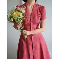 Premium V-neck pleated linen dress - Shop accepts orders upon request - PT.Linen -mm8