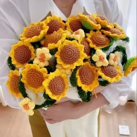 1pc Sunflower Bouquet Blanket for Valentine's Day Gift, Handmade Knitted Flowers Throw, Unfolds From