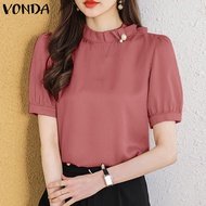 VONDA เสื้อเบลาส์ติดโบว์สำหรับผู้หญิงเสื้อผู้หญิงผ้าซาตินหรูหราสีพื้นเสื้อคอตั้ง