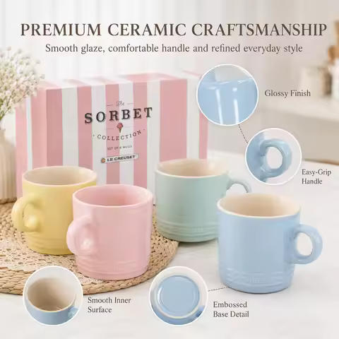 Le Creuset Sorbet Mugs Set of 6 Pastel Ceramic Coffee Cups 12oz Stoneware Tea Mug Premium Gift Box T
