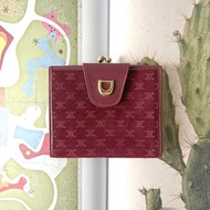 Celine Triomphe wallet 稀有中古櫻桃暗紅色猄皮皮革短夾錢包