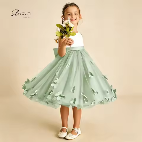 White Sage Green O-Neck Flower Girl Dress 3D Floral Appliques Sleeveless Tulle Kids Wedding Gown Bow