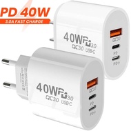 40W 3A 3พอร์ต Dual PD Type C Wall Charger Fast Charging Power Adapter สำหรับ Iphone 13 14 Samsung S20 S22 Utral Htc Xiaomi Huawei