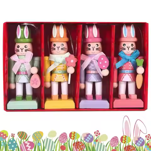 4 Pieces Easter Bunny Nutcracker 10cm Cute Little Rabbit Pendant Decorative Wooden Easter Rabbit Tab