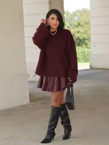 HH Winter Women Burgundy Long Sleeve Pullovers Casual O-neck Loose Fluffy Fuzzy Jumper Sweater Femal