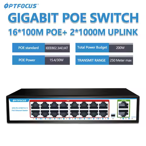 OPTFOCUS 1000M GIGABIT POE Switch 16 Ports PoE 48V 15W 30W 802.3af 802.3at Ethernet hub splitter Act