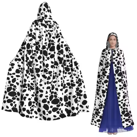 Dalmatian Dog Print Long Hooded Cloak Witch Medieval Costume Cosplay Cape HalloweenCoat Adult Unisex