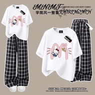 卡通凯蒂猫女童夏季套装纯棉短袖T恤格子裤2025新款学生两件套insCartoon Hello Kitty Girls Summer suit Cotton Short Sleeve20250903