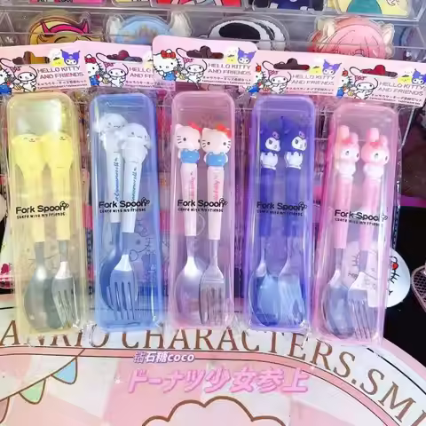 Anime Hello Kitty Tableware Cinnamoroll Kuromi Silicone Handle Tableware Two-Piece Set Melody Pompom