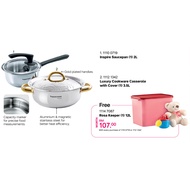 TUPPERWARE INSPIRE SAUCEPAN 2L (1) / LUXURY COOKWARE CASSEROLE WITH COVER (1) 3.5L FREE ROSA KEEPER 12L (1)