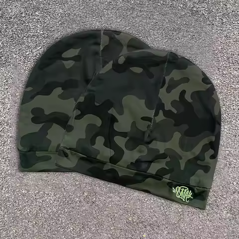 Dark Alt Fashion Camo Beanie Unisex With Neon Green Embroidery For Streetwear And Couple Outfit
