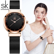 Shengke SK นาฬิกาแบรนด์หรูสีทองสำหรับสุภาพสตรีนาฬิกาข้อมือควอตซ์เพชรหรูหราสำหรับผู้หญิงนาฬิกาเหล็กตาข่าย zegarek damski