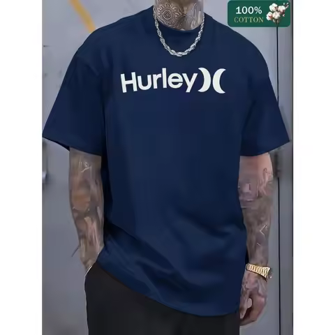 【New style】Men's Hurley Graphic T-Shirt - Navy Blue With White Logo Print Vintage-pired Cotton Tee F