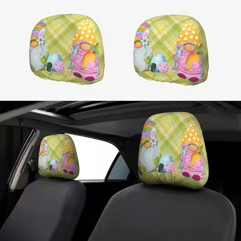 2 Pack Easter Gnome Green Gingham Universal Car Headrest Cover Elastic,Cute Easter Car Seat Head Res