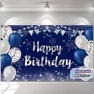 1 2d Glittering Happy Birthday Banner - 70.9 Inches X 43.3 Inches, Silver And Navy Blue Party Backdr