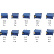 50Pcs 100 to 500K ohm 3296W Multiturn Trimmer Potentiometer Assorted Kit Variable Resistor 10 Value 