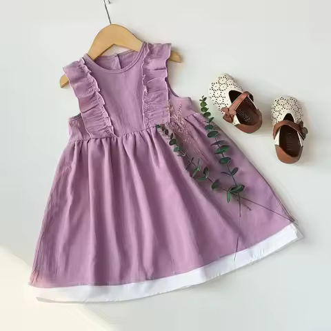 Summer 3-7 Years Girls Sweet Solid Color Clothes Sleeveless Ruffled Round Neck Dress 1 Pc 3-7 Years 
