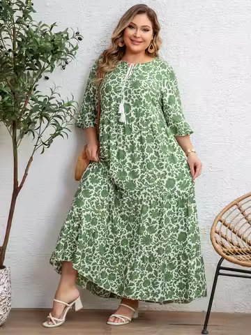 Plus Size Women's Green Floral Print Tie Half Sleeve Dress Loose Slimming Boho Style Maxi Dress