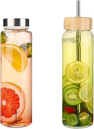 Glass Bottle 1 Litre / 1 Litre with Straw, Water Bottle Glass 1000 ml with 2 Lids and Neoprene Sleev