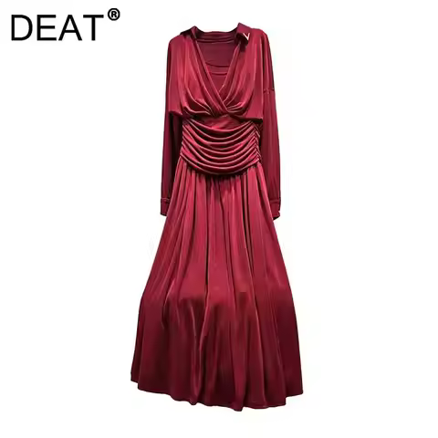 DEAT Women's Dress V-neck Long Sleeve Waist-cinching Pleated Design Solid Color Elegant Dresses 2026