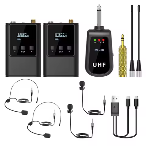 Dual Wireless Microphone System Headset Mic/Stand Mic/Lavalier Lapel Mic with Rechargeable Bodypack 