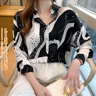 Plus Size M-4XL Starry Sky Black Chiffon Blouse Women Baggy Flowy Korean Style Long Sleeve Loose Cas