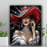 Red Hat Elegant Queen 5D Diy Diamond Painting Kit With Circular Diamonds - Woman Portrait Diamond Mo