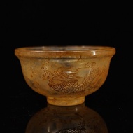 Old Crystal Carved Dragon Phoenix Gold Small Bowl Weight 156 Grams Width 9.5cm Height 5cm 8.21.2