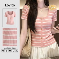 (New Arrival) Lovito Casual Striped Short Sleeve U Neck Colorblock Pattern Button Front Spring Summe