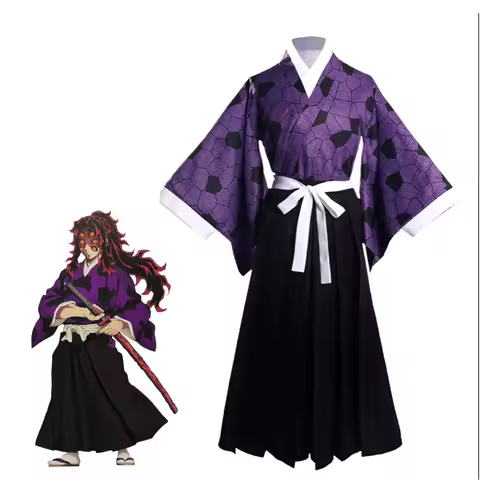 Demon Slayer Kokushibo Cosplay Full Set, Japanese Samurai Uniform Purple Haori Kimono, Kokushibo Wig