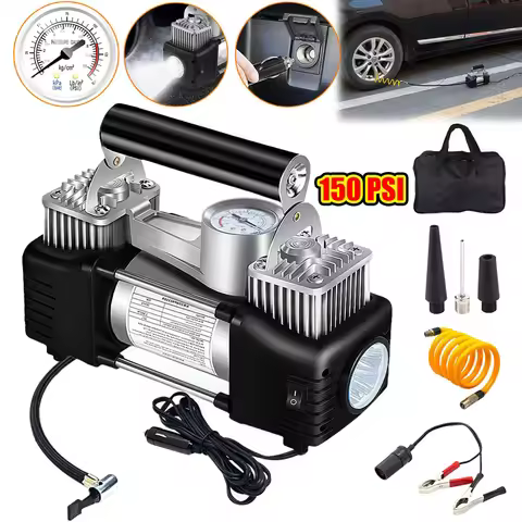12V Heavy Duty Car Tire Inflator 150PSI Portable Dual Cylinder Air Pump Automotive Inflation Pump Po