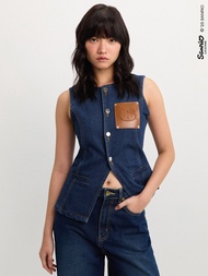 Pomelo Pomelo. ♥ Hello Kitty เสื้อกั๊กยีนส์แต่งกระเป๋าที่อก - สีกรม