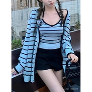 Taiwan Shipping Suit Women Two-Color Striped Chanel Knitted Cardigan+Halter Vest+Short Culottes+Broo