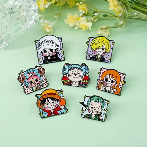 7Pcs One Piece Enamel Pins Cute Luffy Zoro Nami Sanji Anime Brooches Badges Kawaii Lapel Pins For Ba