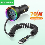 Rocoren USB Car Charger 70W Type C Fast Charging Car Charger With Spring Cable LED Light 55W Multipo