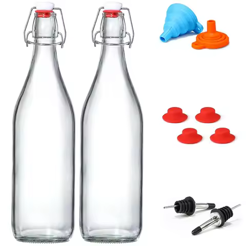Classic Swing Top Glass Bottles 1L W/Marker & Labels - Clear Bottle with Caps for Juice, Water, Komb