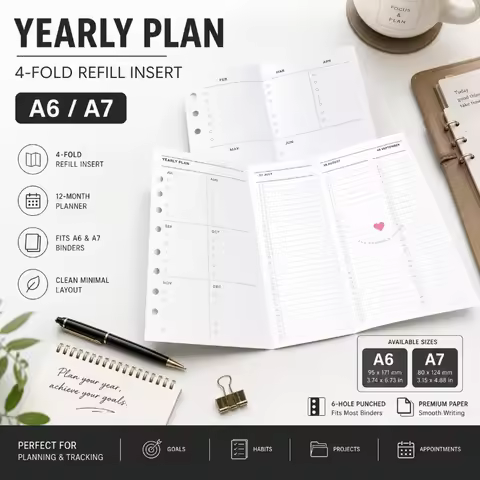 Fromthenon A6/A7 Yearly Plan Refill Paper-Horizontal 4-Fold Loose-Leaf Inserts for Planner Notebook 