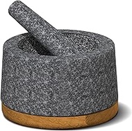 KYONANO Mortar and Pestle Set with Acacia Wood Base, 5.5-inch Guacamole Bowl, 100% Natural Granite, Stone Grinder for Spices, Extra Large Pestle Heavy &amp; Durable, Molcajete Bowl, 2 Cup Capacity