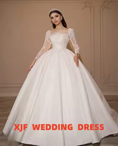Customized Square Collar Long Sleeve Ball Gown Elegant Wedding Dress Amanda Novias Vestidos De Novia