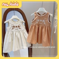 Nu.kids New Summer Dresses for Girls Contrast Color Floral Embroidery Pure Cotton