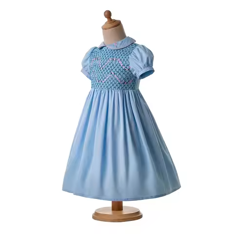 Pettigirl Summer Children Kids Girls Blue Princess Handmade Smocked Casual Dresses Birthday Outfits 